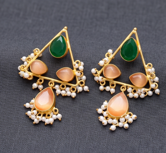 Triangle Dangler Earrings with Gemstones & Pearl Drops - Beaded Treasures