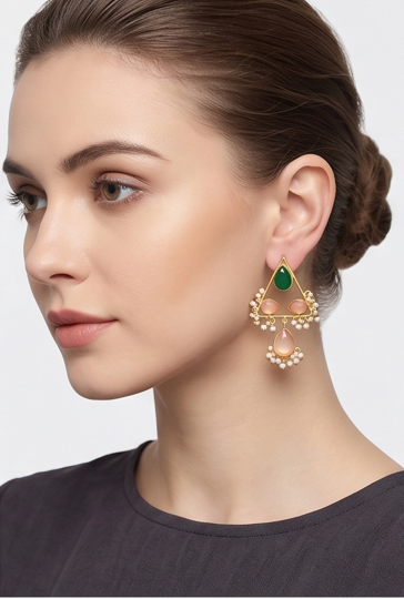 Triangle Dangler Earrings with Gemstones & Pearl Drops - Beaded Treasures