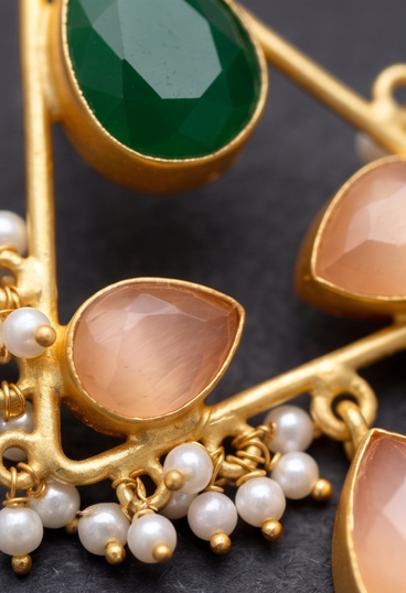 Triangle Dangler Earrings with Gemstones & Pearl Drops - Beaded Treasures