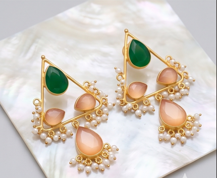 Triangle Dangler Earrings with Gemstones & Pearl Drops - Beaded Treasures