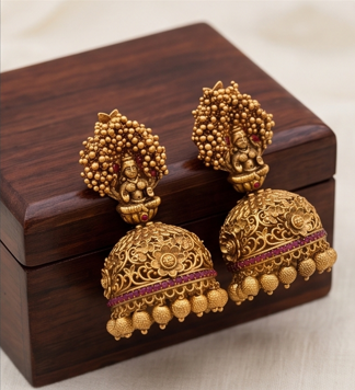 Goddess Lakshmi Big Jhumki Earrings - Beaded Treasures