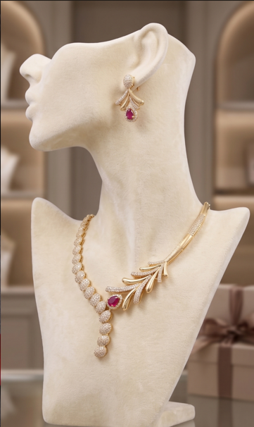 Feather Design AD Necklace Set with Ruby Stone Accents - Beaded Treasures