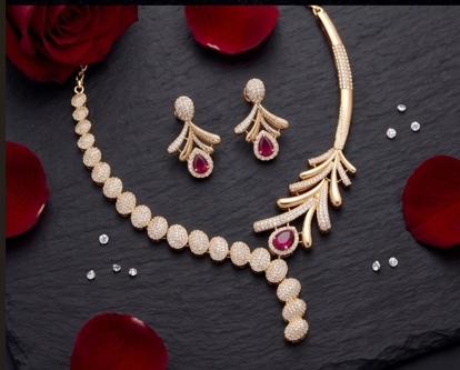Feather Design AD Necklace Set with Ruby Stone Accents - Beaded Treasures