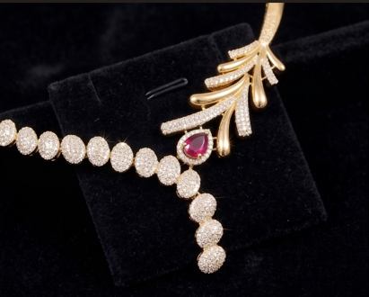 Feather Design AD Necklace Set with Ruby Stone Accents - Beaded Treasures