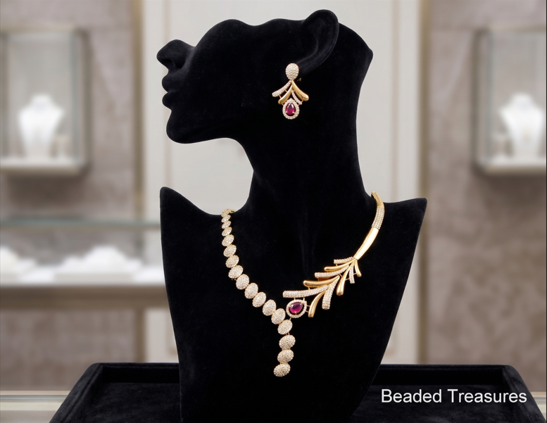 Feather Design AD Necklace Set with Ruby Stone Accents - Beaded Treasures