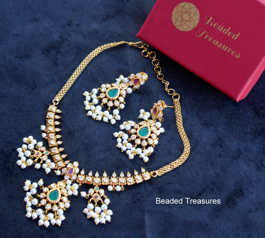 Gold-Toned Necklace & Earring Set with Green & Red Stones & Pearls - Beaded Treasures