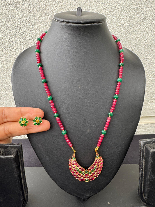 Handmade Kemp & Emerald Bead Necklace Set with Chandbali Pendant - Beaded Treasures