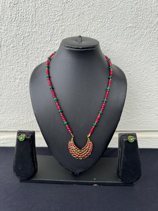 Handmade Kemp & Emerald Bead Necklace Set with Chandbali Pendant - Beaded Treasures