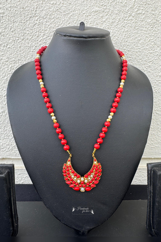 Handmade Red Coral Bead and Crescent Moon Necklace - Beaded Treasures