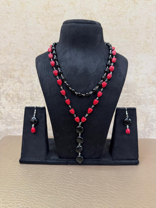 Handmade Red and Black Bead Layered Necklace Set - Beaded Treasures