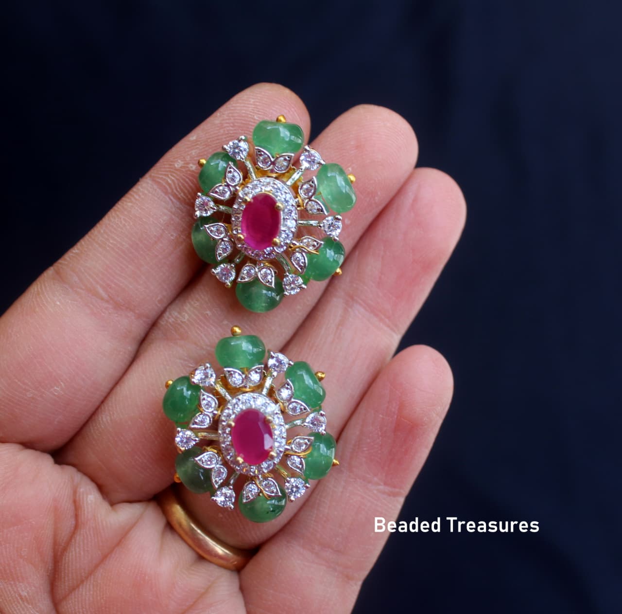 Royal Floral Stud Earrings with Faux Ruby & Emerald Accents