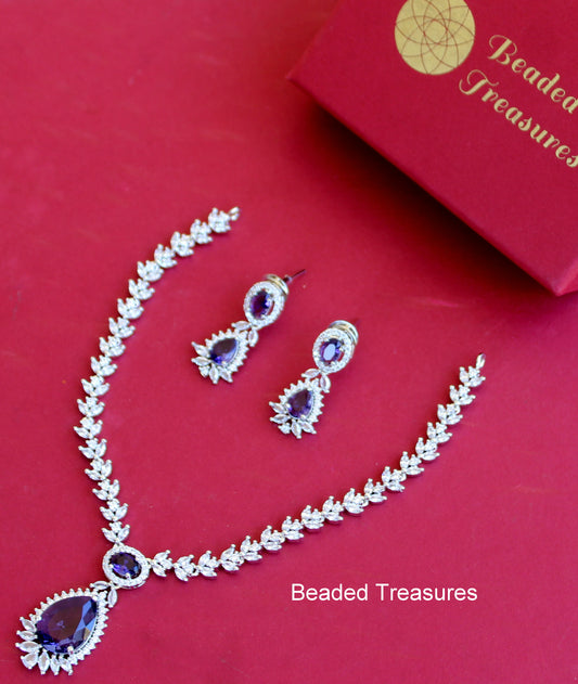 Anshi Art American Diamond Drop Necklace Set with Purple Stones - Beaded Treasures