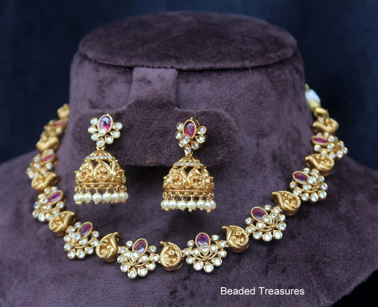 Matte Finish Ruby-Emerald-White Block Stone Pearl Choker Set - Beaded Treasures