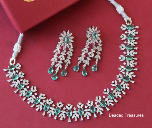 Silver Tone CZ Necklace & Earring Set with Green Stones - Beaded Treasures