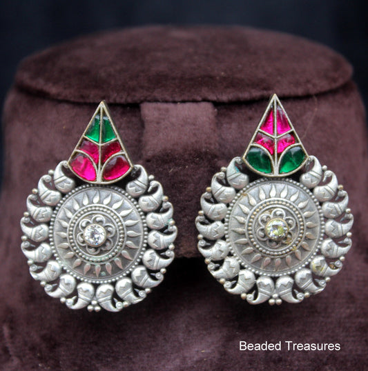 Oxidized Silver Stud Earrings with Meenakari & Stones - Beaded Treasures