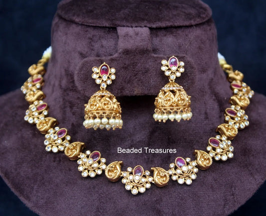 Matte Finish Ruby-Emerald-White Block Stone Pearl Choker Set - Beaded Treasures