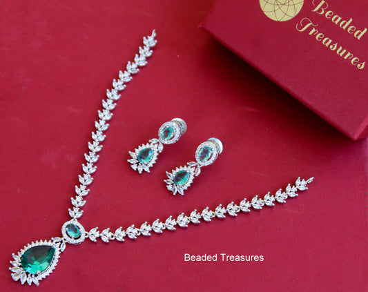 Anshi Art American Diamond Drop Necklace Set with Green Stones - Beaded Treasures
