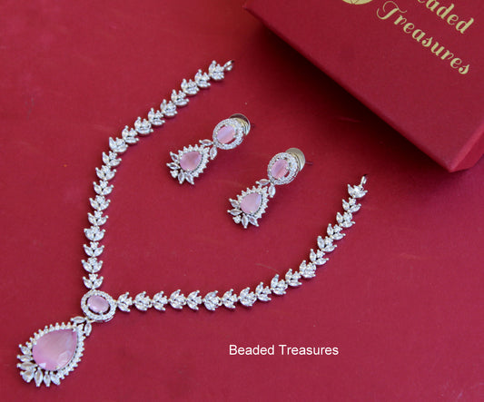 Anshi Art American Diamond Drop Necklace Set with Pink Stones - Beaded Treasures