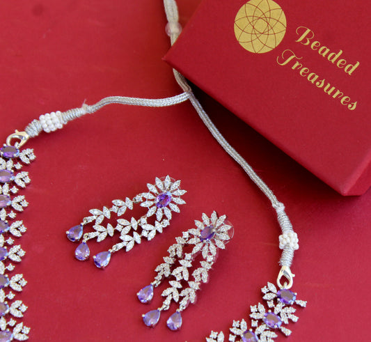 Silver Tone CZ Necklace & Earring Set with Purple Stones - Beaded Treasures